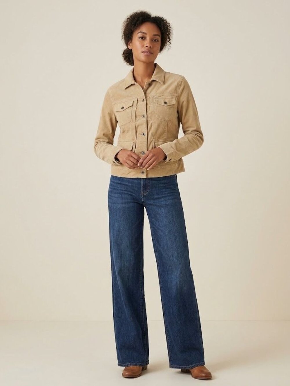 Lucky Brand Womens Corduroy Jacket L Beige Button Front Trucker Cotton Stretch